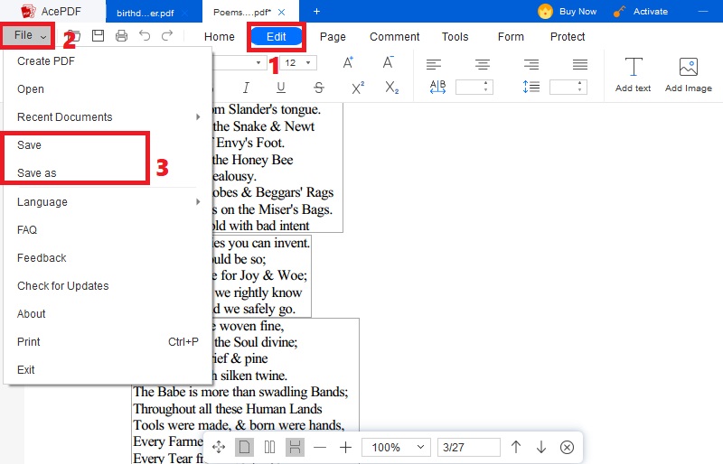 hit edit tab, modify pdf, select file and save pdf