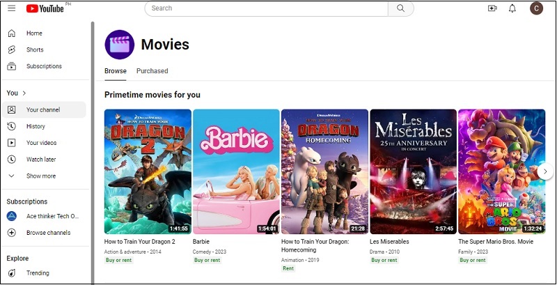 youtube movies interface