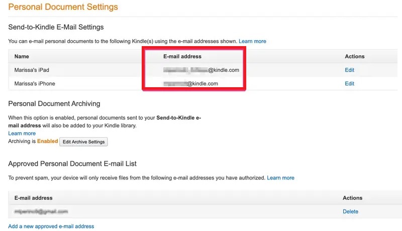 send-to-kindle personal document settings