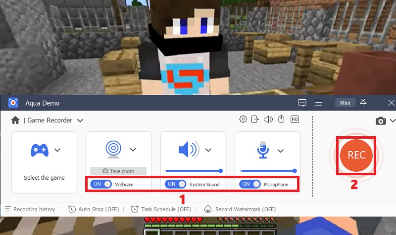 Aktivieren Sie Webcam, Systemaudio, Mikrofon und klicken Sie auf das Aufnahmesymbol