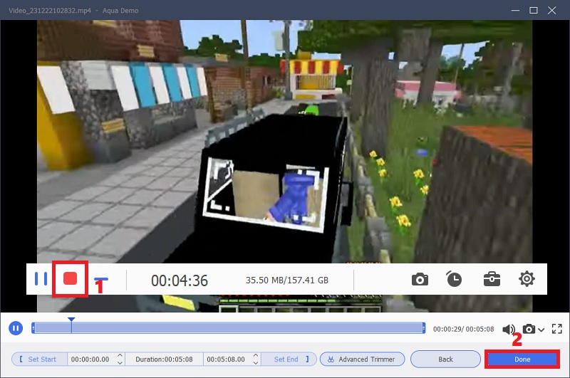 Klicken Sie auf das Stoppsymbol, spielen Sie die Aufnahme ab und klicken Sie auf „Fertig“.