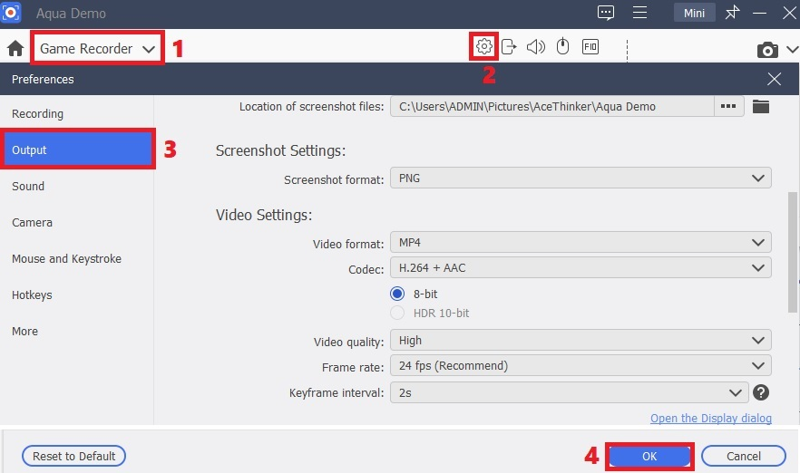 Ausgabeeinstellungen der Spielaufzeichnungssoftware