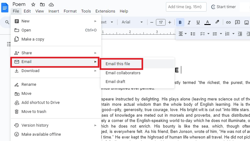 google docs to pdf choose the email option.