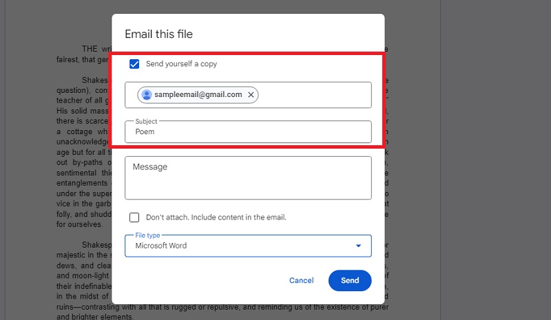 google docs to pdf fill the email box.