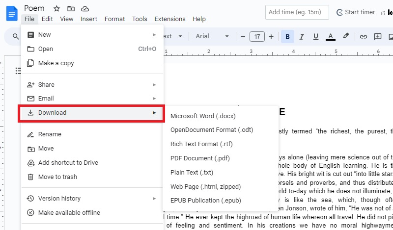 google docs to pdf go to the download option.
