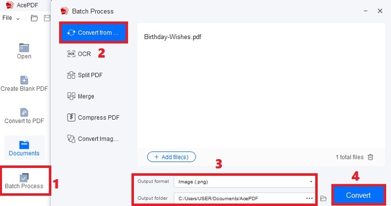 click batch process, hit convert from and select settings, click convert
