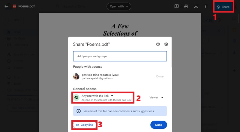upload pdf, select share, modify access and hit copy link