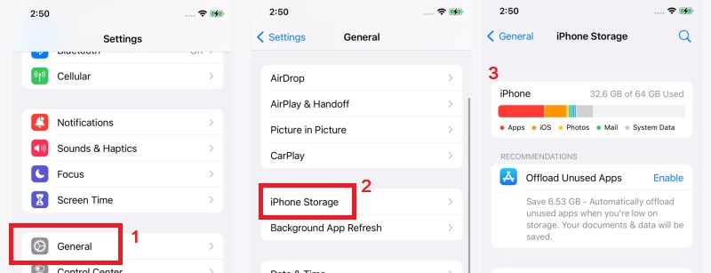 check your device storage on settings