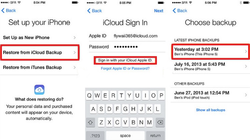 hit restore from icloud backup and sign in icloud account 