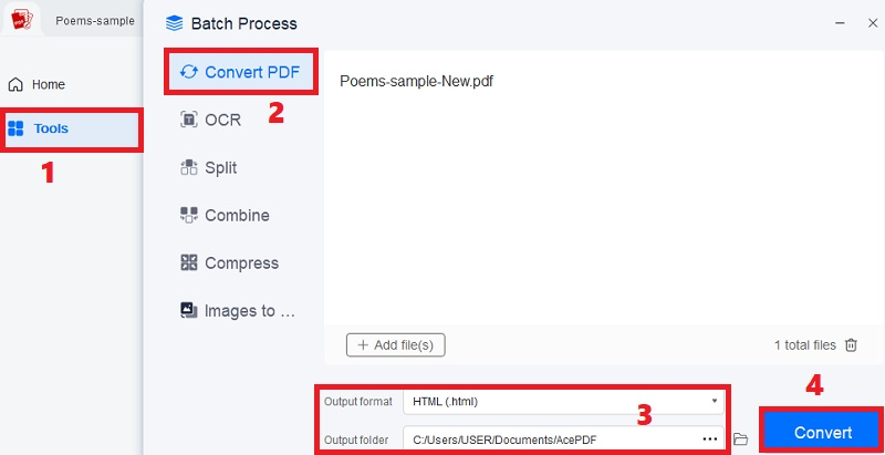 click tools and convert pdf, add pdf, modify settings and hit convert