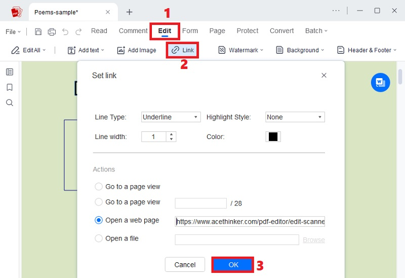 click edit and link, apply link and hit ok