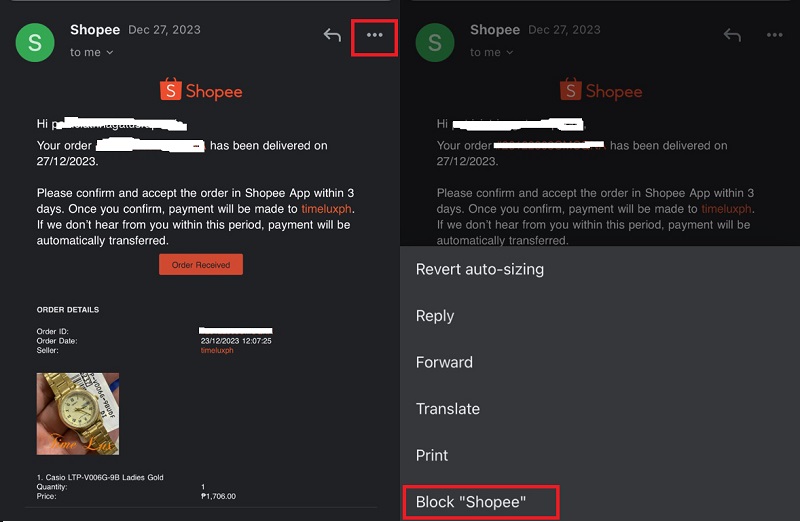 select email, hit three-dots icon, tap block
