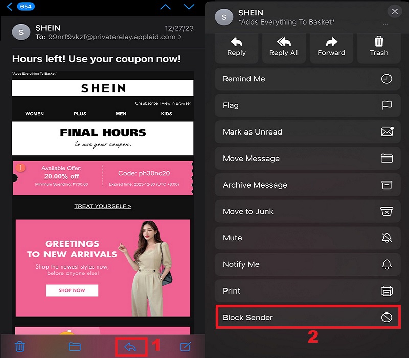 open mail app, tap arrow and hit block sender