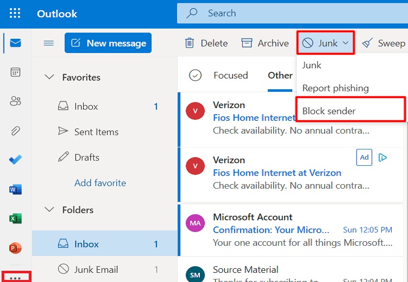 tap three-dots icon, hit junk and select block sender