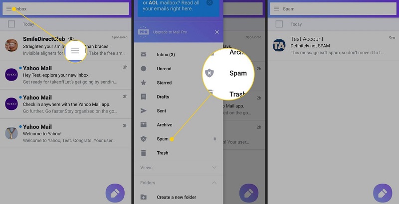 locate email, hit three-dash icon, tap mark as spam