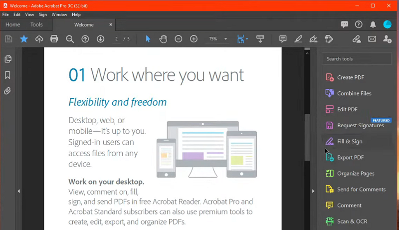 adobe acrobat pro dc interface