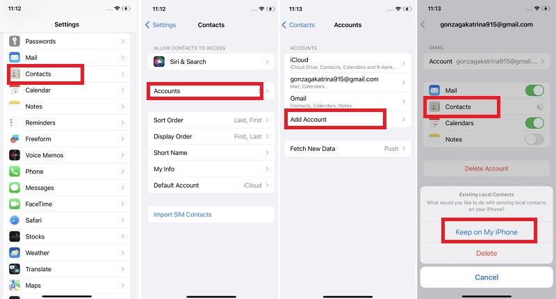 launch contact, tap accounts and add account, connect gmail