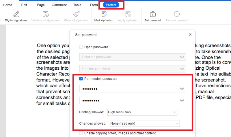set the permission password in pdf