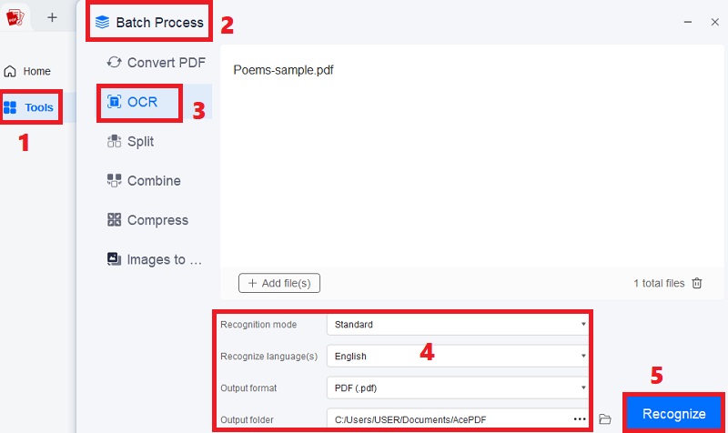 click tools and batch process, select ocr, modify settings and hit recognize