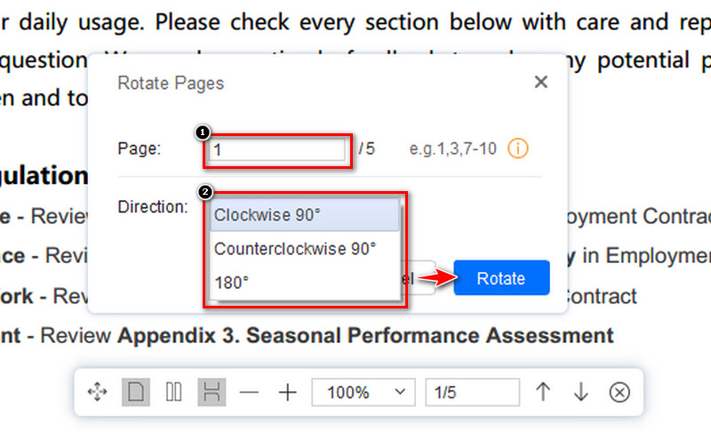 option de page, numéro de page et direction
