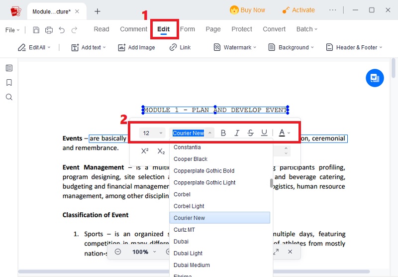 click edit and start editing font