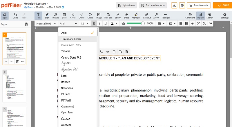 pdffiller editing interface