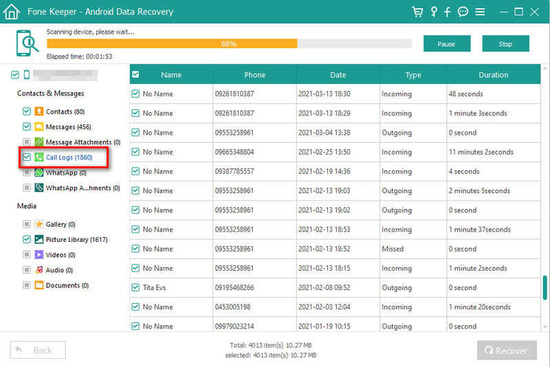 select files to recover