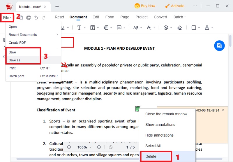 right-click comment, select delete, click file and save pdf