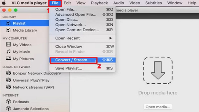 open vlc mac, hit file and select convert/stream