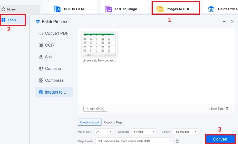 hit image to pdf and tools option, add file and hit convert