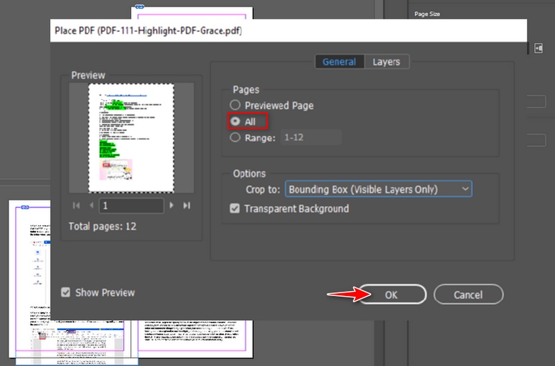 choose all pages to place in indesign