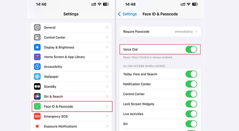 tap face id and passcode, disable voice dial