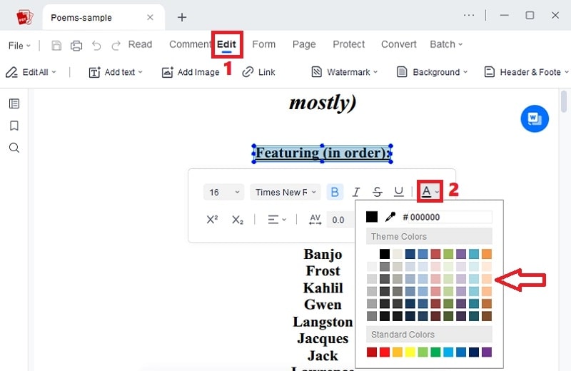 click edit, select text and change color