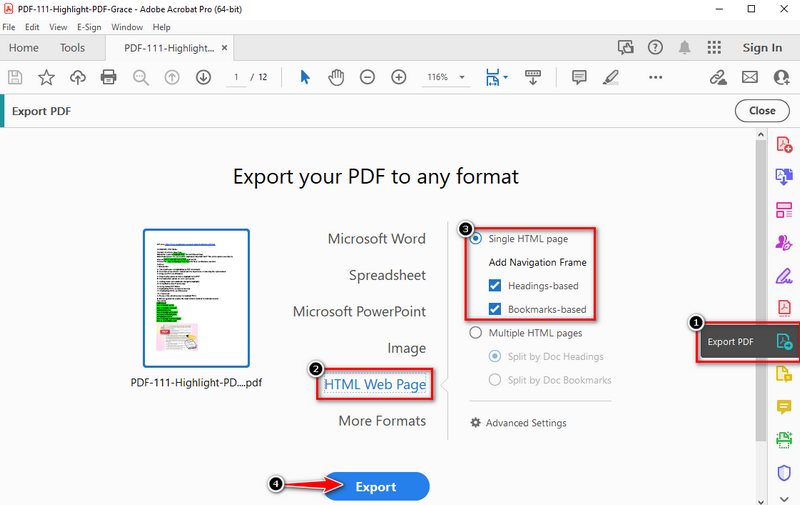 export pdf to html using adobe acrobat