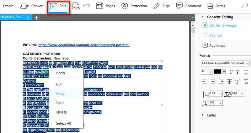 go to the edit tab and copy the text