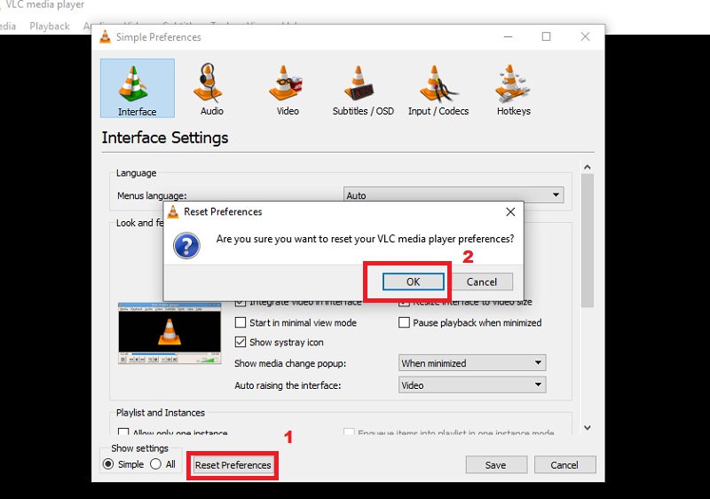 reset the vlc preferences