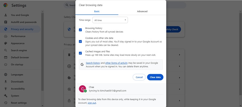 clear browsing data