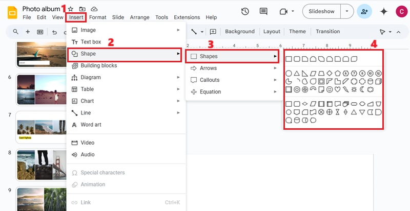 insert shapes on google slides
