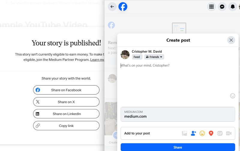 use a third party blog site to embed youtube to facebook