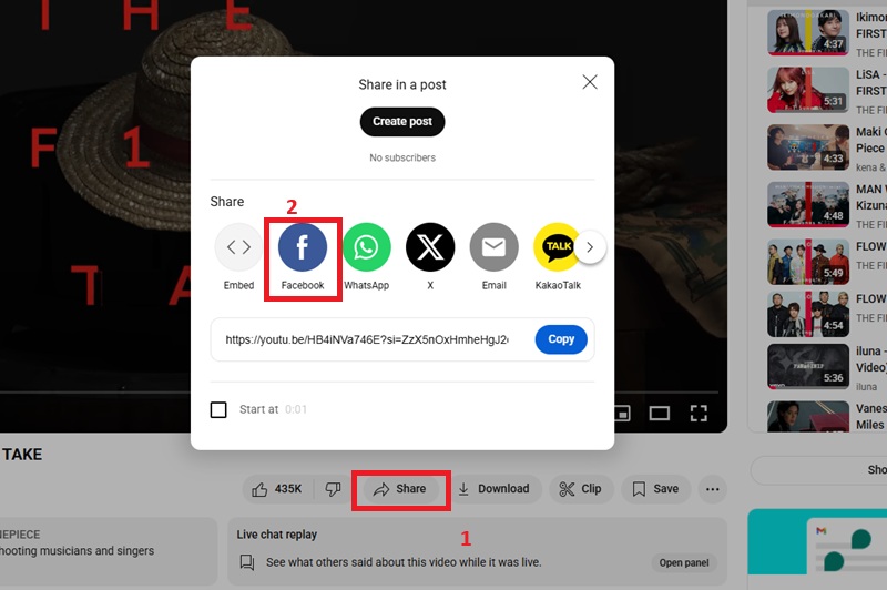 use the share button to embed youtube to facebook