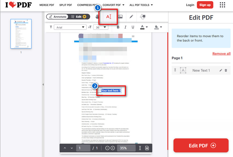 add text box to pdf with ilovepdf tool