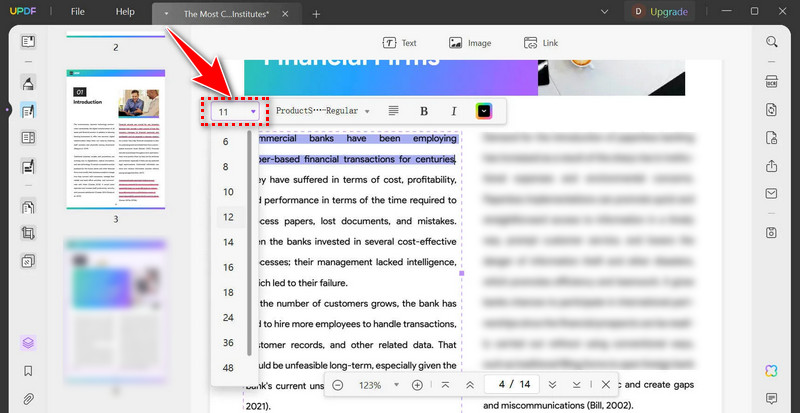 change font size using updf