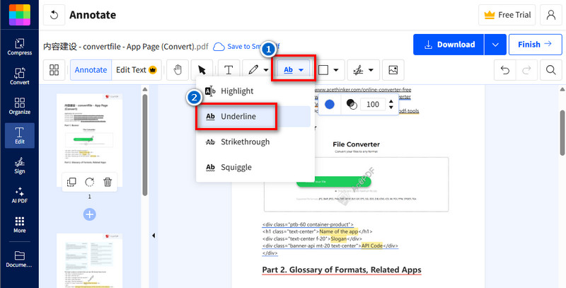 underline text in pdf using smallpdf