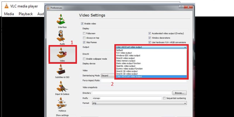 change output settings in vlc