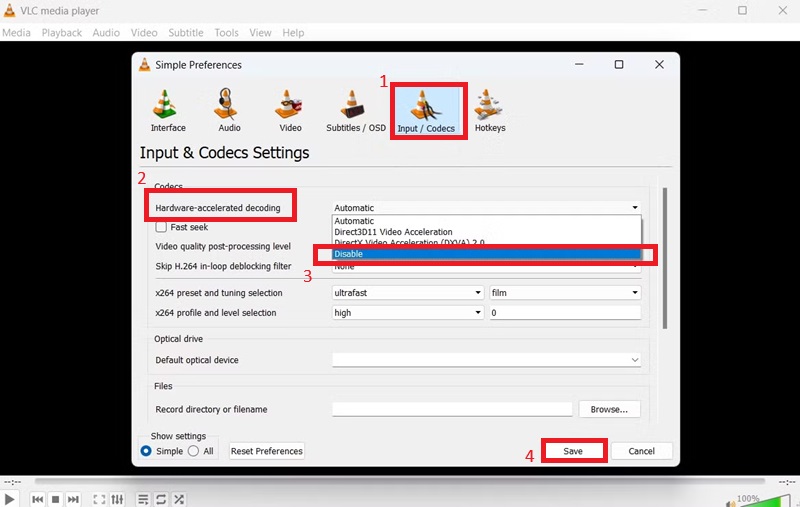 change the hardware accelerating decoding settings