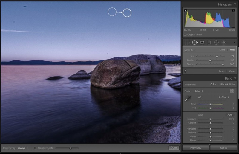 remove objects in lightroom using the spot removal tool