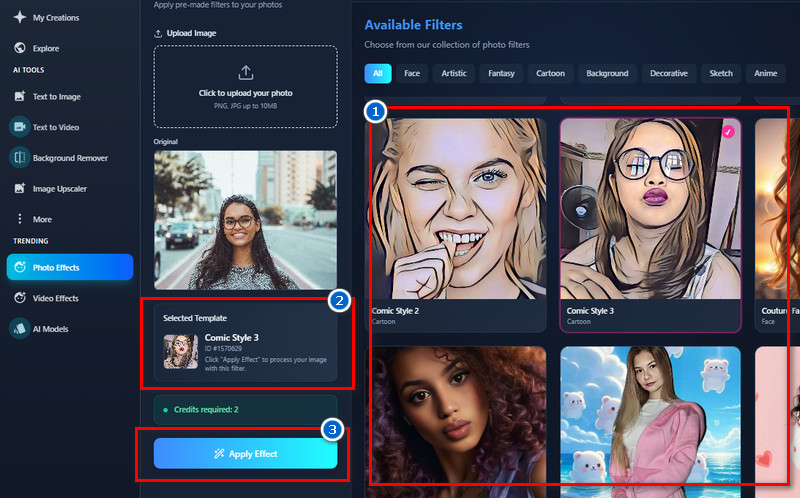 select a photo filter and click apply effect button