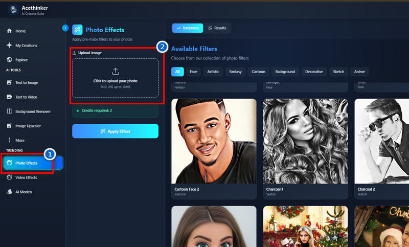 access photo effects feature and upload an image