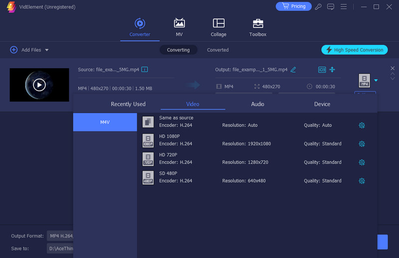 convert m4v and mp4 using acethinker videlement