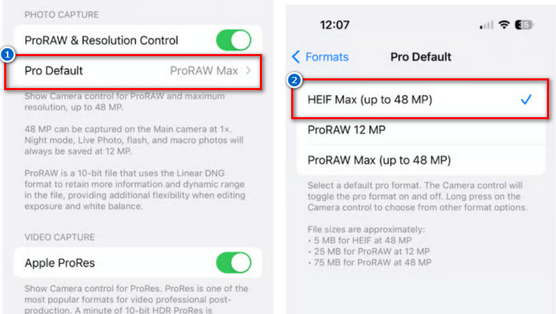 set heif max in pro default option